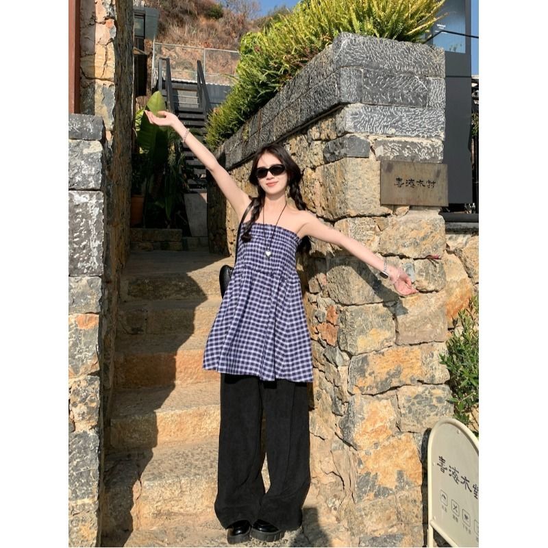 Two-sex blue plaid skirt for women in summer French style strapless vest skirt