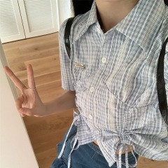 Real shot drawstring short-sleeved shirt for women in summer 2025 new sweet design short scheming niche chic top