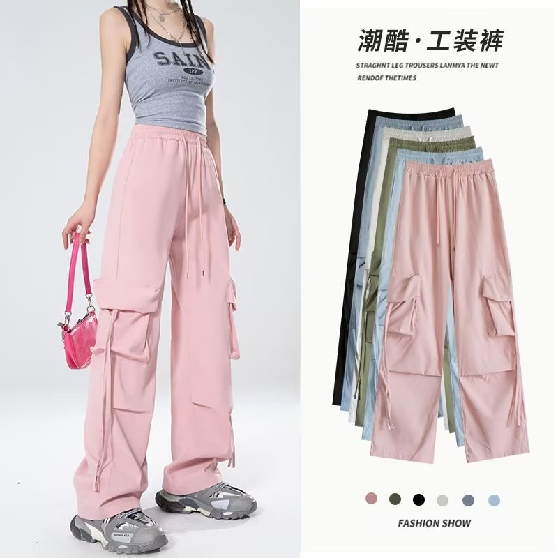 韓國外貿工裝褲新款藍色女小個子春夏季薄款闊腿高腰直筒垂感長褲