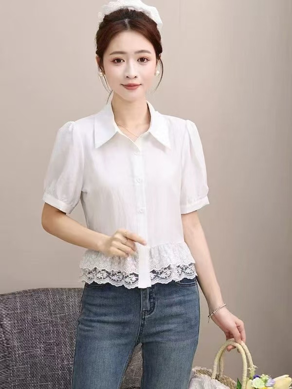 蕾絲拼接短袖襯衫女2025新款夏季小衫泡泡袖短款氣質雪紡上衣