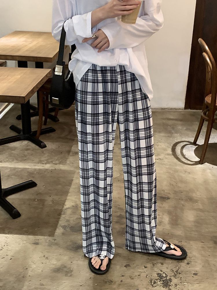 黑白格子褲壓褶風格新款女高腰直筒闊腿褲韓版寬鬆顯瘦休閒拖地褲