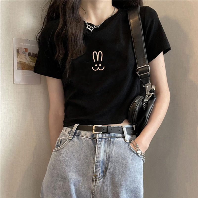 Pure cotton original foreign trade Korean version rear bag collar summer new women's round neck printed slim short T-shirt for women short sleeves