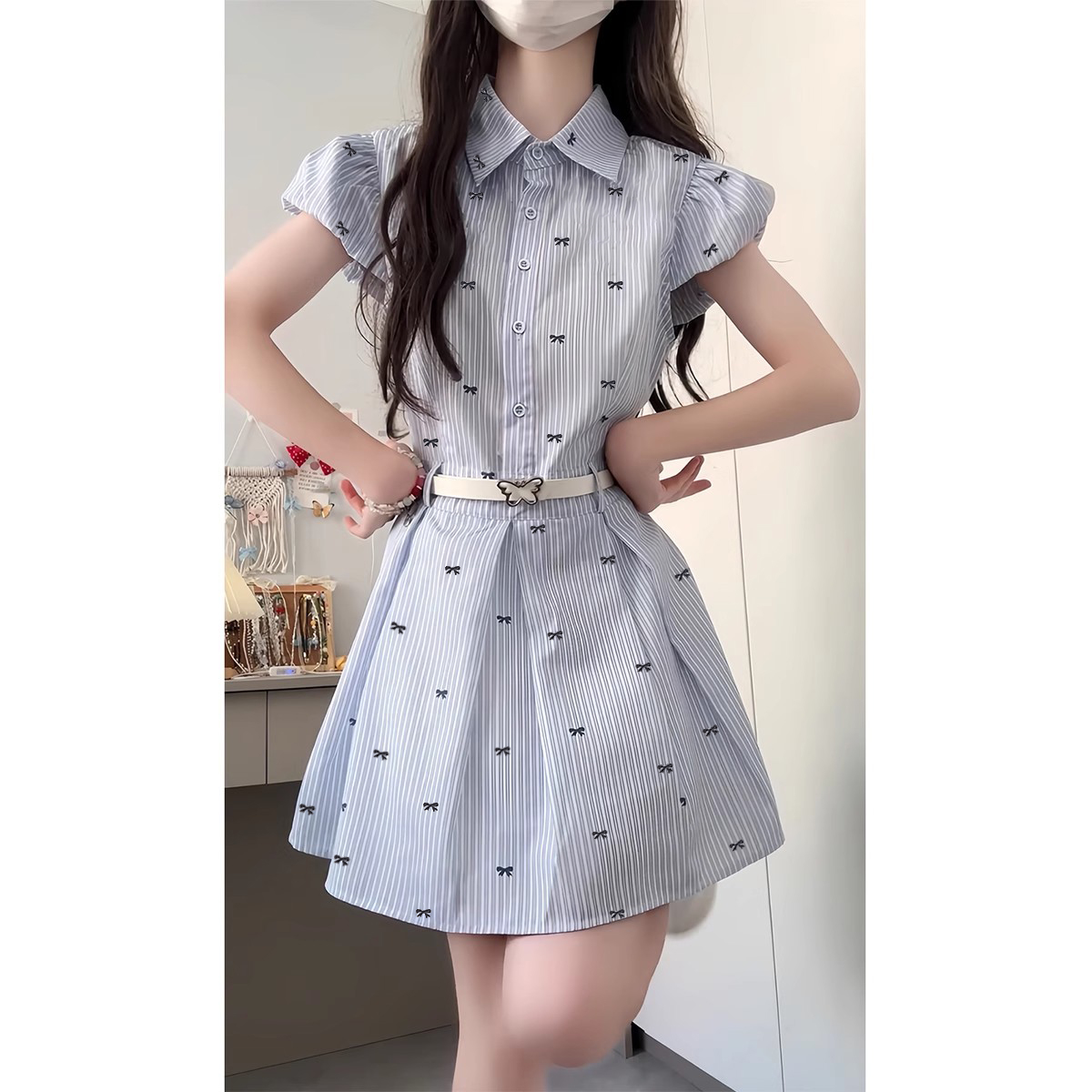 Invisible zipper college style blue striped shirt dress for women summer new style waistband