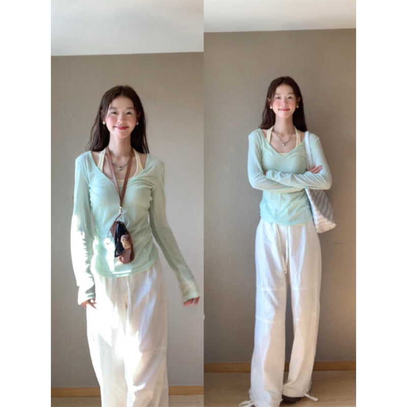 Korean sweet sunscreen blouse for women 2025 new summer tulle long-sleeved T-shirt shoulder loose slim V-neck top