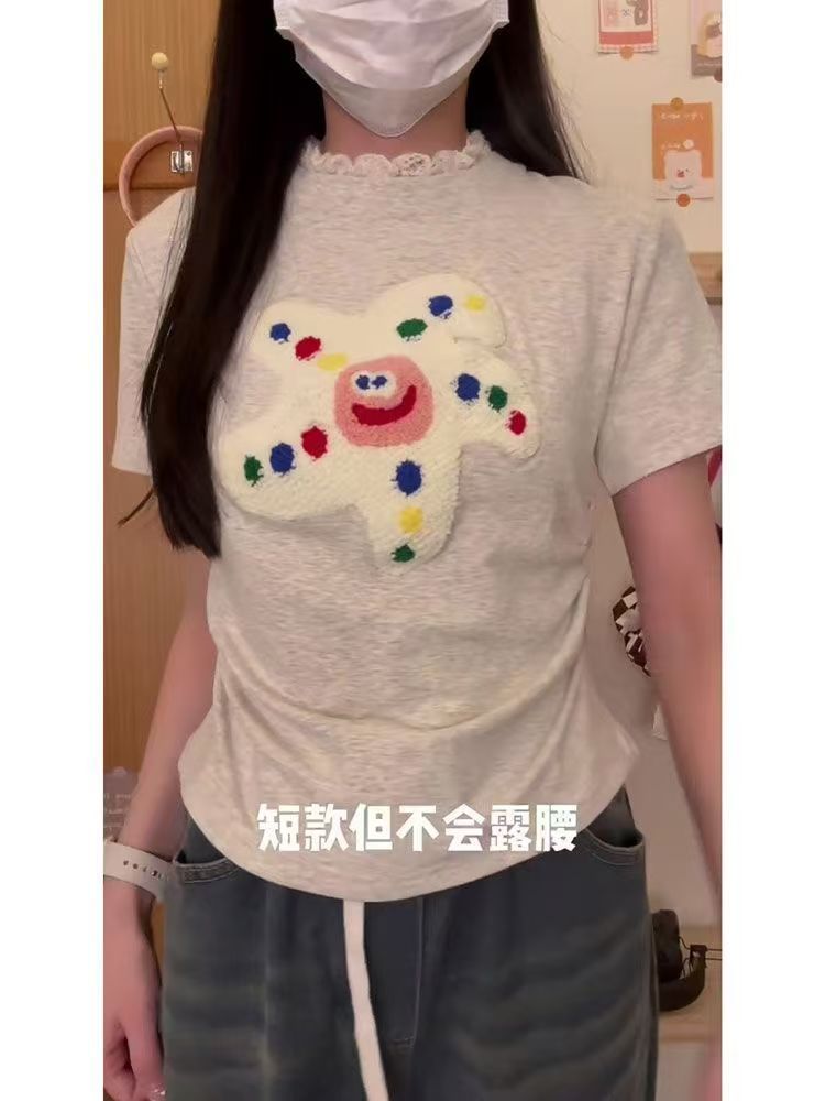 蕾絲可愛植絨卡通正肩短袖T恤女甜妹短款春季新款修身木耳邊上衣