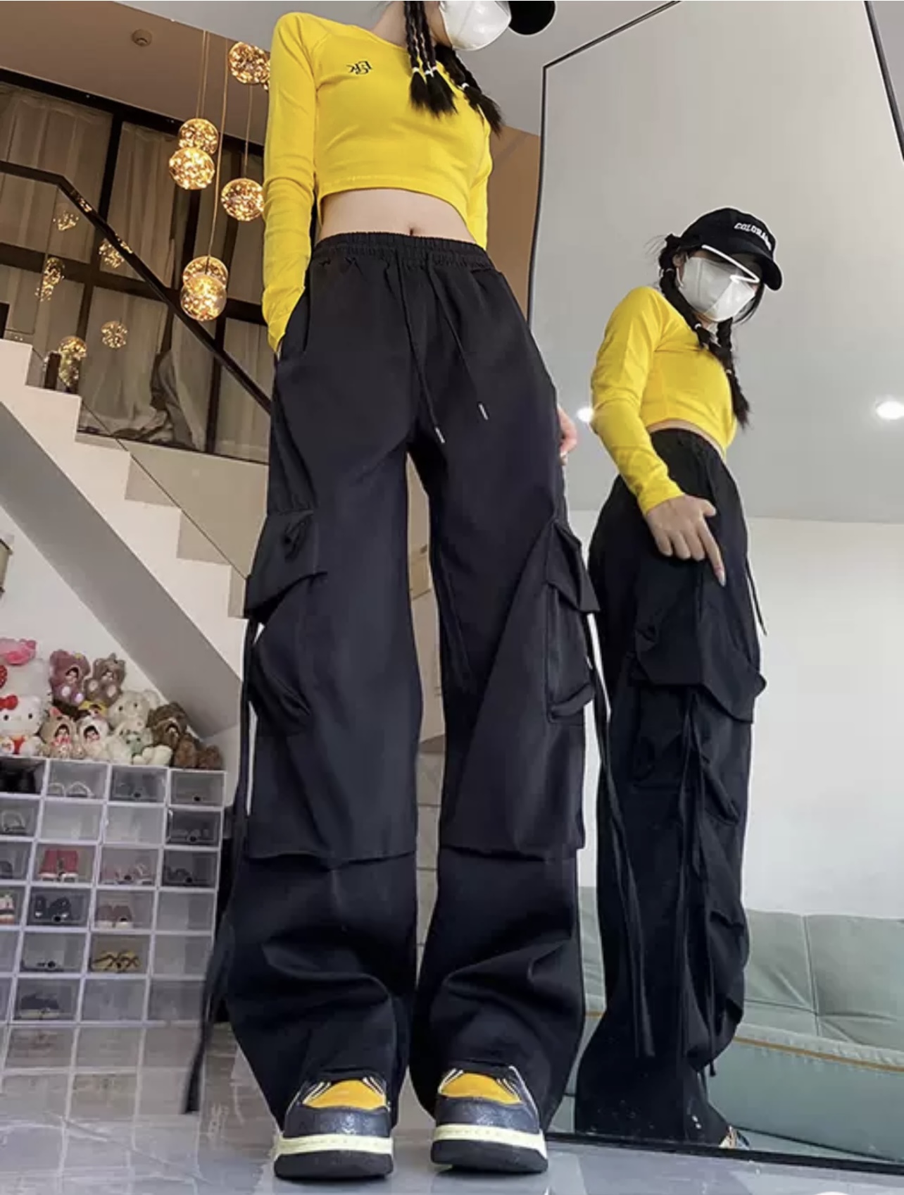 American black high waist straight-leg work pants for women in summer drooping loose wide-leg pants small casual floor-moving pants