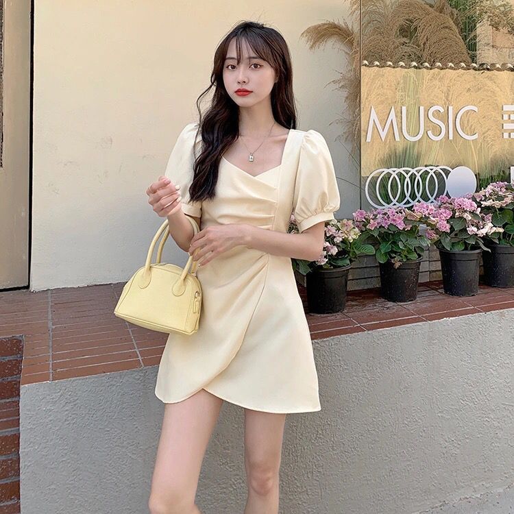 2025 new style waist-hugging and gentle short skirt French square collar pleated puff sleeves less light luxury dress