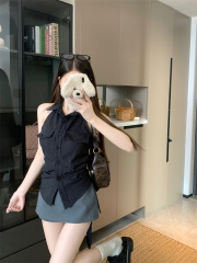 Real photo of striped shirt for women 2025 new French top with backless waist-retracted black sleeveless shirt