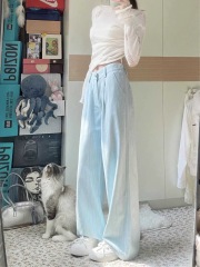 Summer outfits for small light blue striped casual pants for women 2025 new slack wide-leg straight jeans