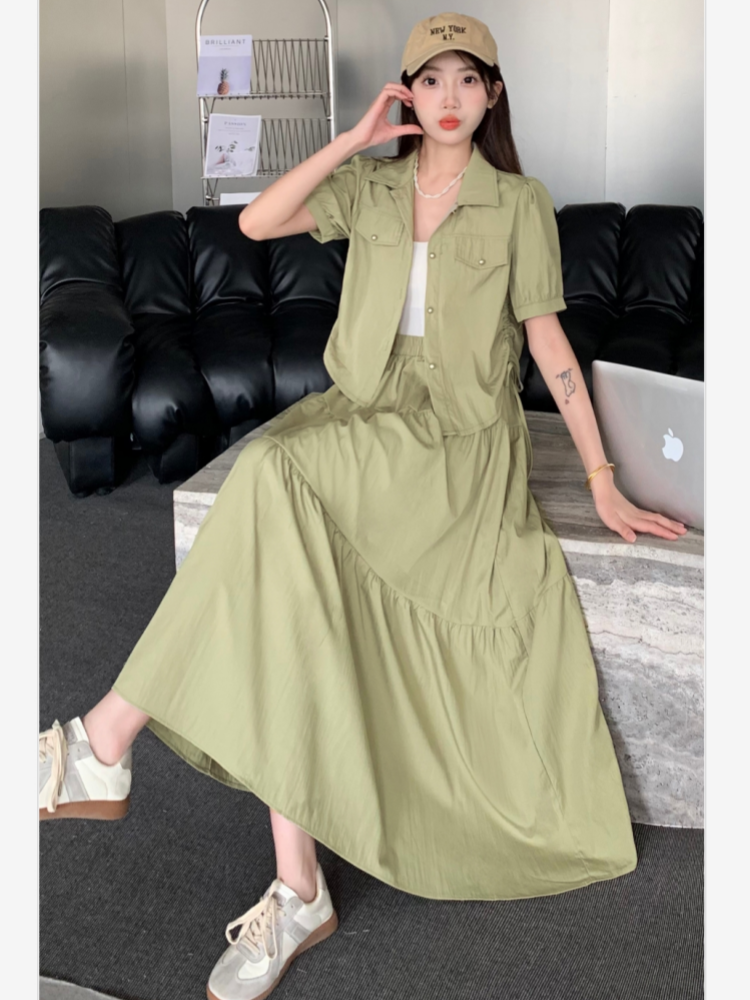 夏季新款休閒時尚套裝女工裝風抽繩短款無袖襯衫大擺半身裙兩件套
