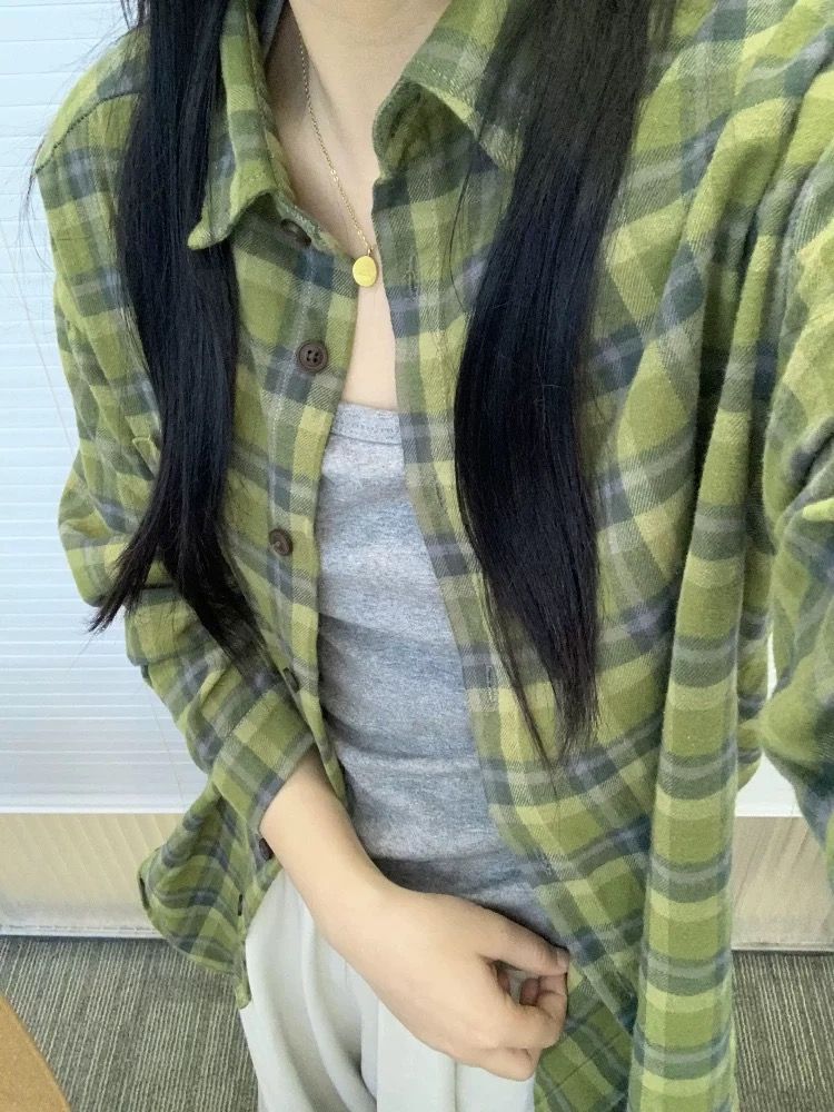 原版質量綠色格紋襯衫春秋新款美式寬鬆百搭襯衣外套可鹽可甜