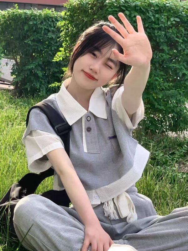 鹽系運動服套裝女夏裝韓版寬鬆時尚學院風短袖長褲休閒兩件套