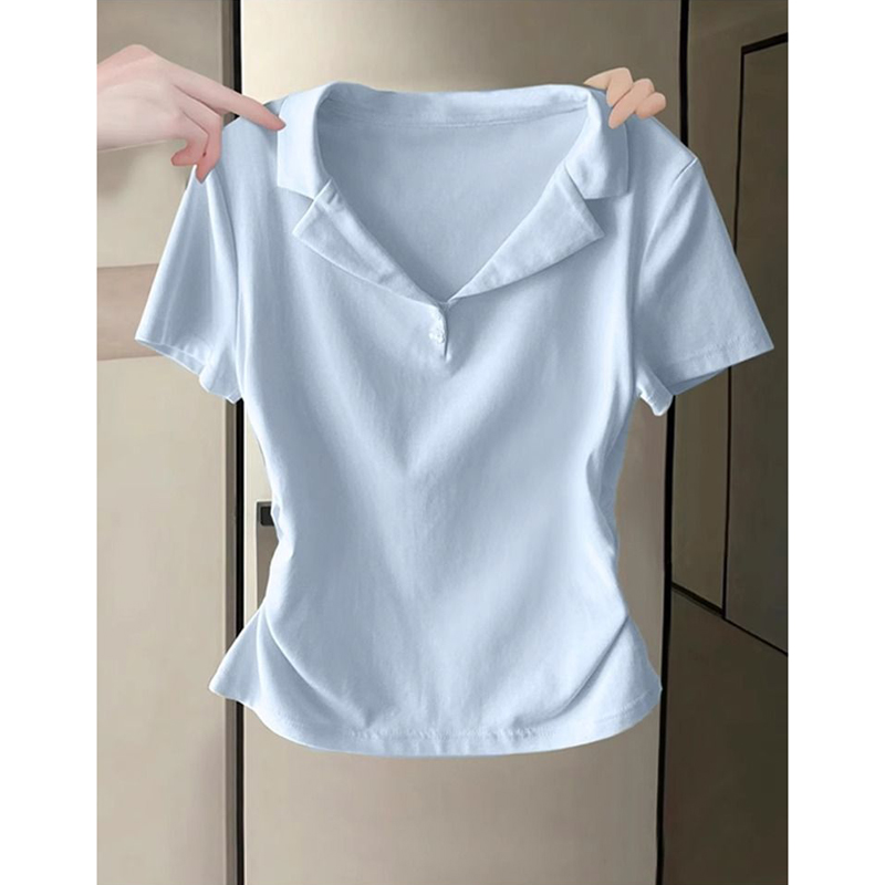 Pure cotton ribbed V-neck POLO shirt short-sleeved T-shirt for women in summer slim fit short pleated waist half-sleeved top
