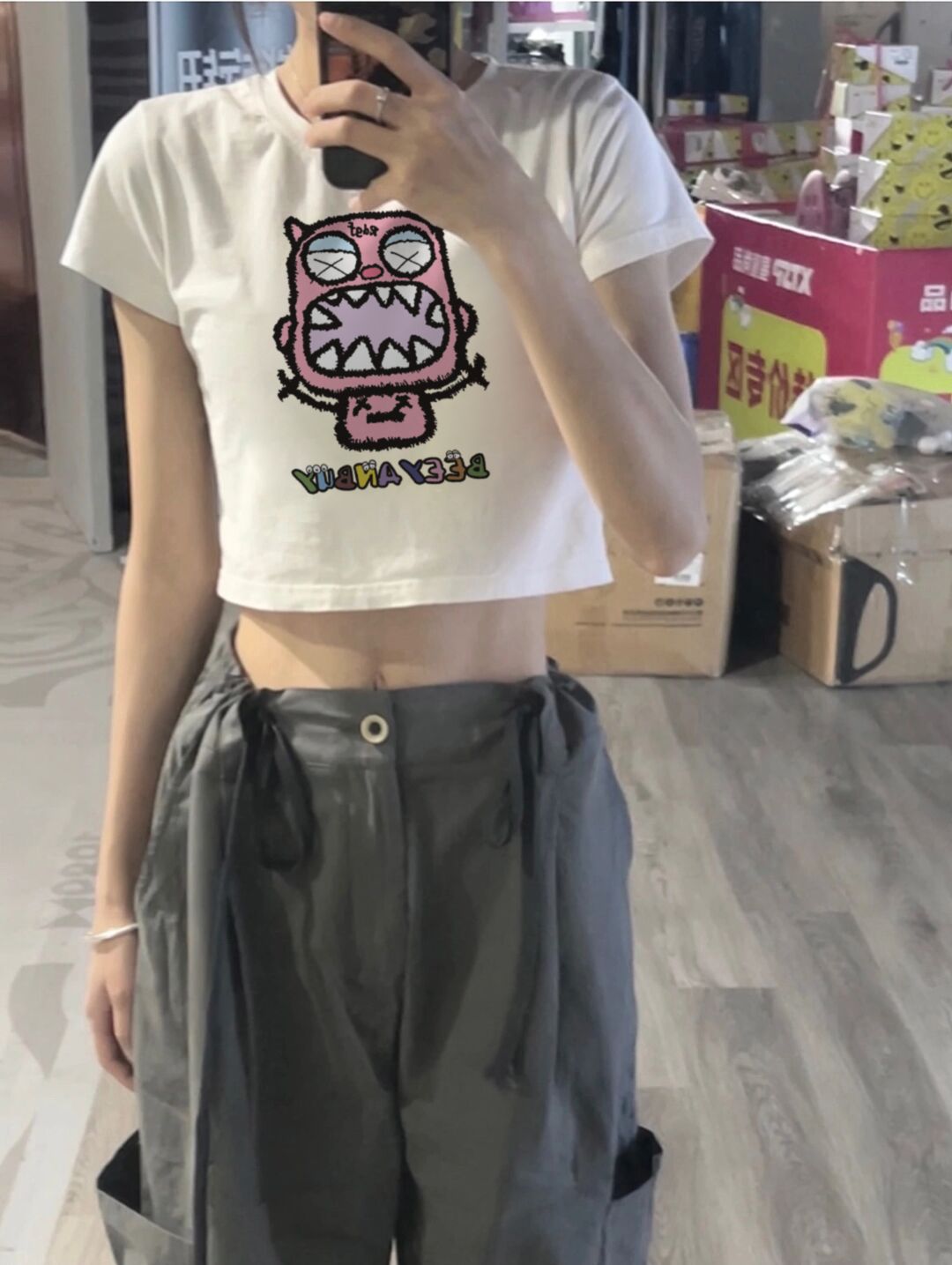 純棉原版外貿韓版後包領夏季新款女裝圓領印花修身短款T恤女短袖