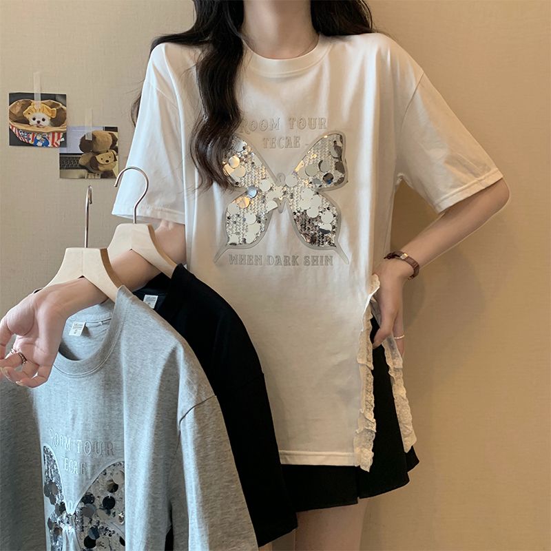 實拍蝴蝶亮片100%重磅短袖t恤女新款夏季設計感開叉寬鬆上衣