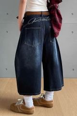 Simple American versatile retro denim wide-leg pants for men and women, same cropped pants for summer washing loose trendy and fashionable