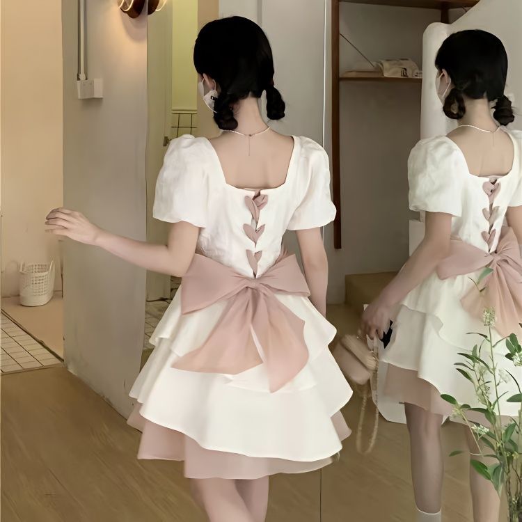 Pure and sweet and spicy style bow dress summer small puffy skirt women's design sense chic waist-hugging princess skirt