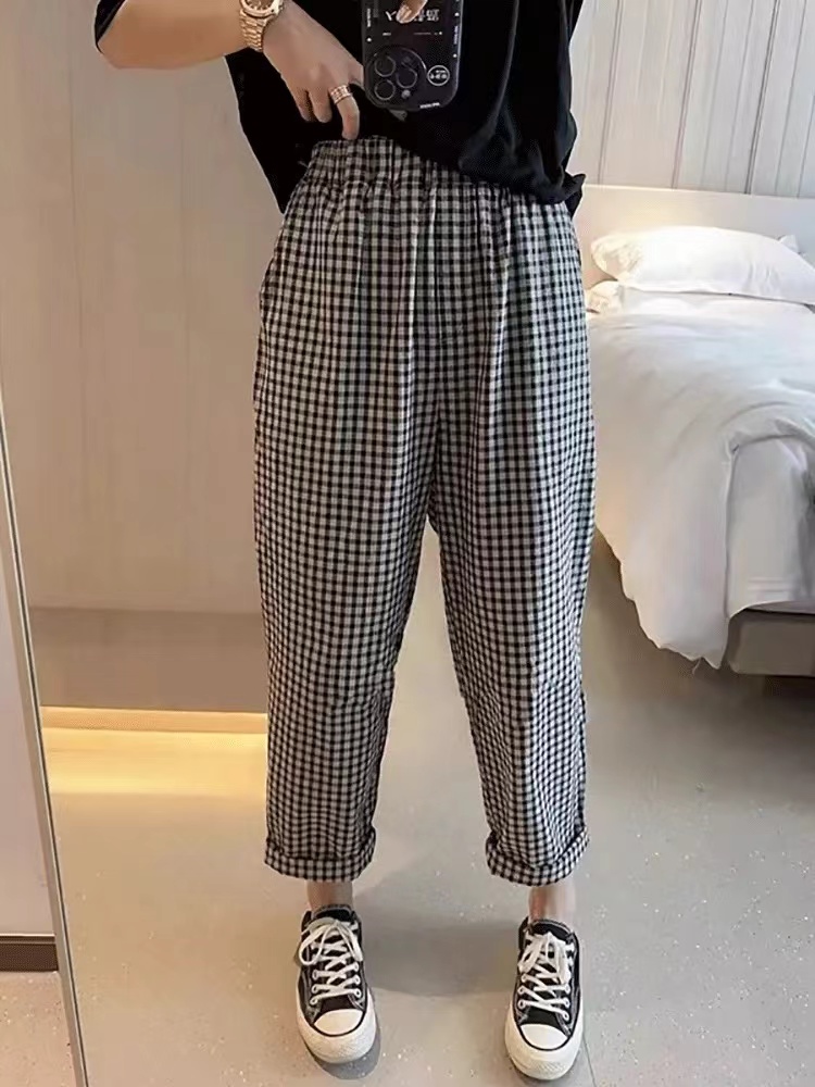 Summer Cotton Linen Striped 9/10 Length Women's 2025 New High-Waisted Slimming Linen Casual Straight Leg Thin Hemming Pants