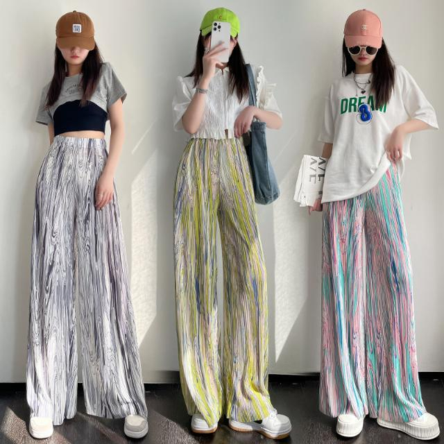 Korean foreign trade large size women's suit tie-dye pleated wide-leg pants for women high waist drooping casual pants straight pants hot girl pants
