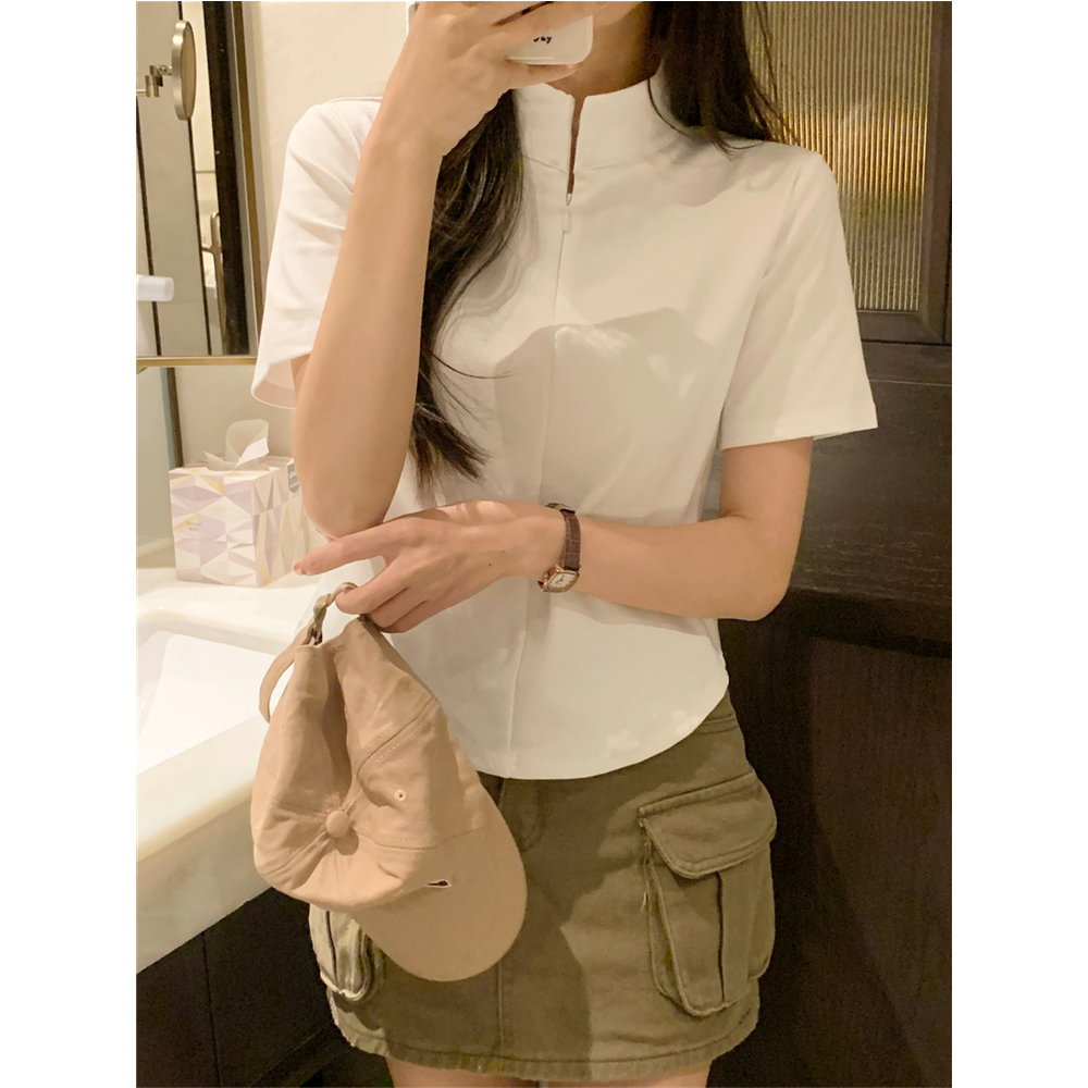 Real photo 40 pure cotton 210g 92 cotton/8 spandex short-sleeved T-shirt women's half zipper