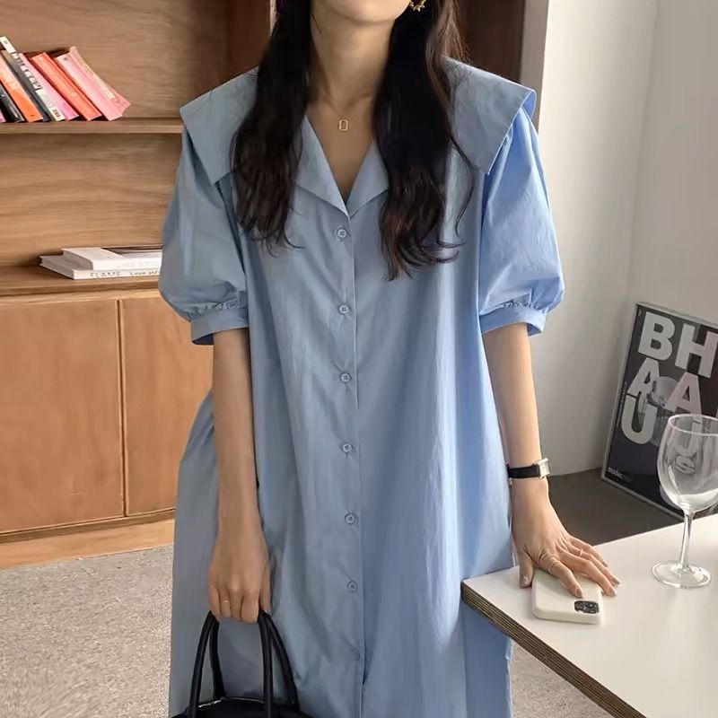 韓國chic夏季簡約小眾大翻領寬鬆休閒單排扣燈籠袖長款連衣裙女