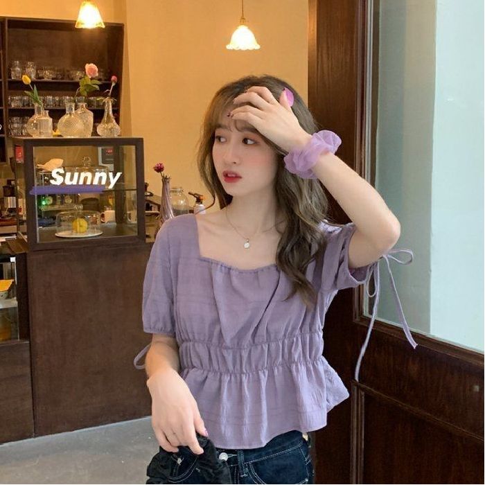 夏季新款短袖襯衫方領泡泡袖短款上衣女設計感小眾韓版娃娃衫