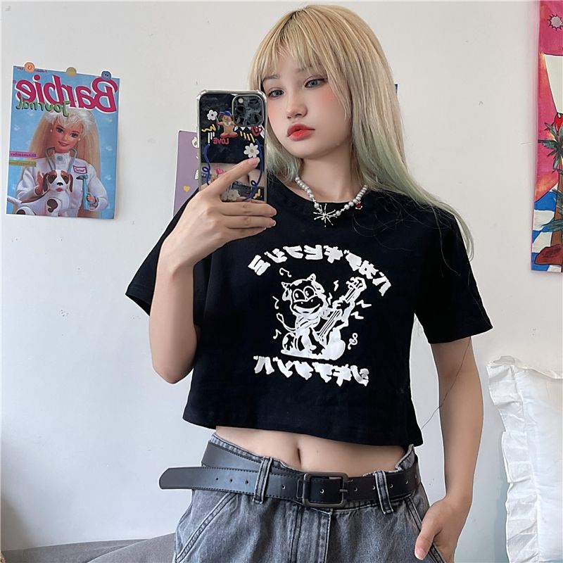 純棉原版外貿韓版後包領夏季新款女裝圓領印花修身短款T恤女短袖