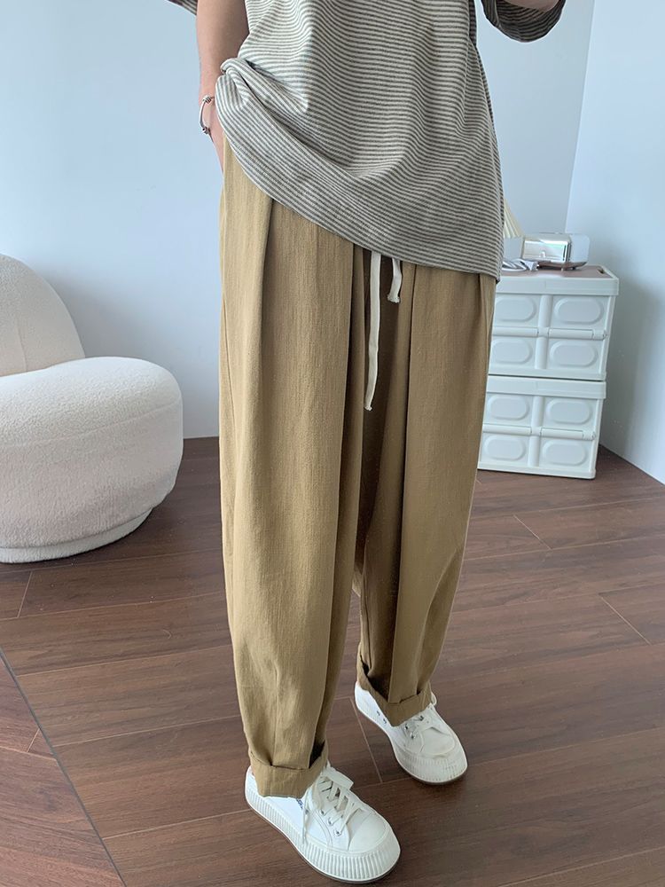 ~純棉卡其色工裝褲女夏薄高腰洗水棉日系寬鬆休閒直筒闊腿褲