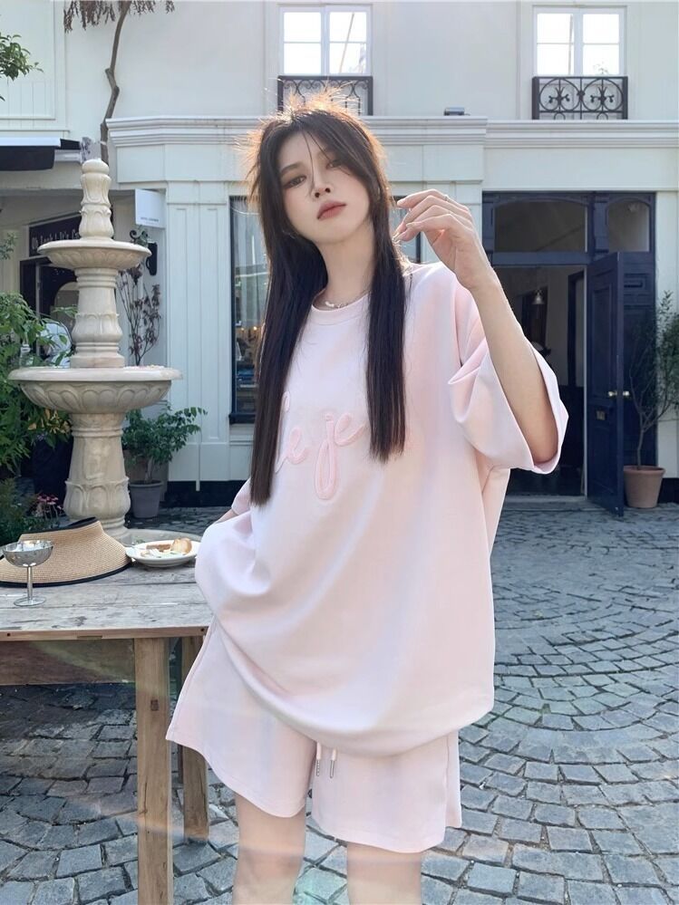Sports and casual suit for women summer student embroidered loose short-sleeved T-shirt high waist wide-leg shorts two-piece set