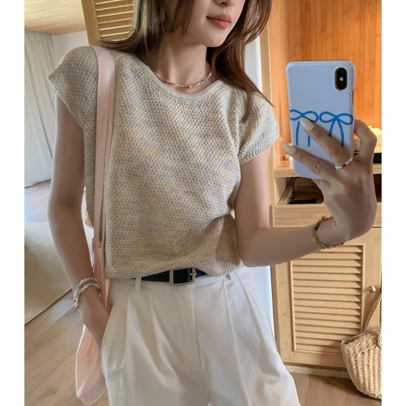Small flying sleeves knitted ice silk short shirt for women's shoulders T-shirt new internet celebrity chic short-sleeved top for summer