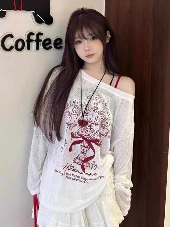 美式塗鴉斜肩T恤女長袖設計防曬罩衫女夏季薄款寬鬆甜辣妹上衣女