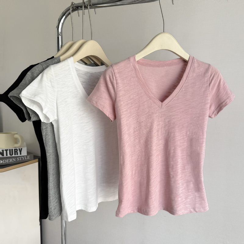 Real-shot front shoulder V-neck short-sleeved T-shirt for women in summer slim Korean style bamboo joint cotton base shirt with simple half-sleeved top