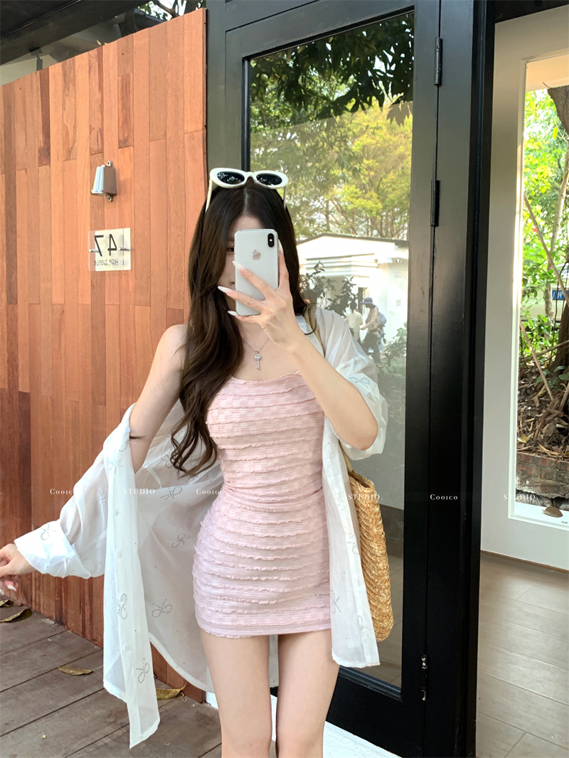 Real shot, pink temperament texture, waist-pack and hip slimming dress for women, new long-sleeved loose shirt