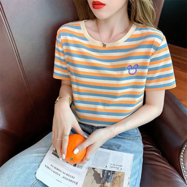 Foreign trade summer new round neck short-sleeved women's T-shirt embroidery trendy Korean loose versatile age-reducing striped tops ins