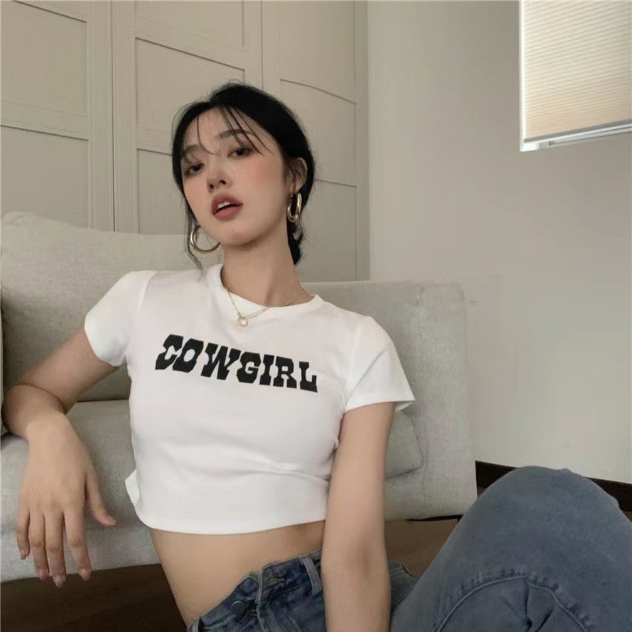 純棉原版外貿韓版後包領夏季新款女裝圓領印花修身短款T恤女短袖