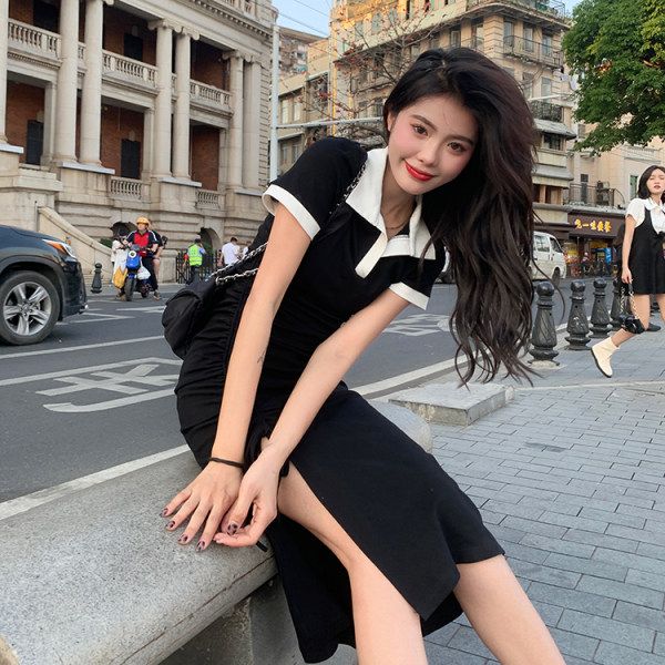 French polo collar slit dress for women 2025 new summer design niche skirt a line midi skirt