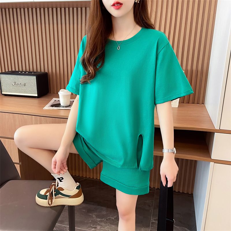 實拍~質量/後包領/純棉/寬鬆洋氣跑步運動服兩件套女夏裝