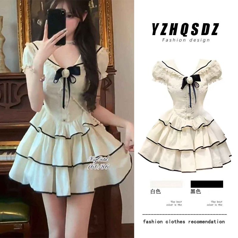 Sweet and fresh academy style navy collar cake skirt summer new high-end design sense waist-hugging princess puffy skirt women