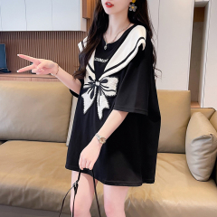 | Real shot | Pure cotton 200g | Back bag collar | Mid-length contrasting navy collar short-sleeved T-shirt for women