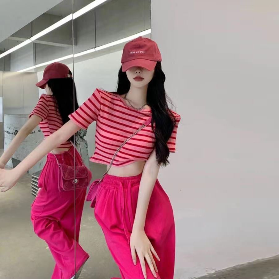 Women's Summer New Style Fashion Set: Striped Short-Sleeve T-Shirt and Relaxed High-Waisted Wide-Leg Pants Two-Piece Set