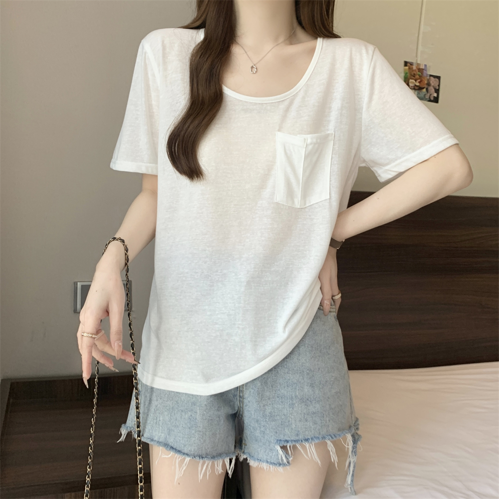 Real photo of pure cotton bamboo joint cotton 100% cotton pocket thin short-sleeved T-shirt for women breathable sun protection