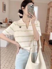 彩色條紋POLO領愛心針織短袖T恤女小個子薄款冰絲氣質短款上衣潮