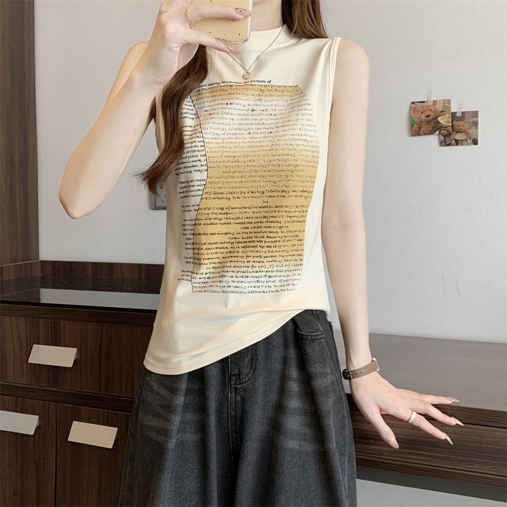 Real photo #40 pure cotton 210g 92 cotton/8 spandex sleeveless T-shirt women's top printing