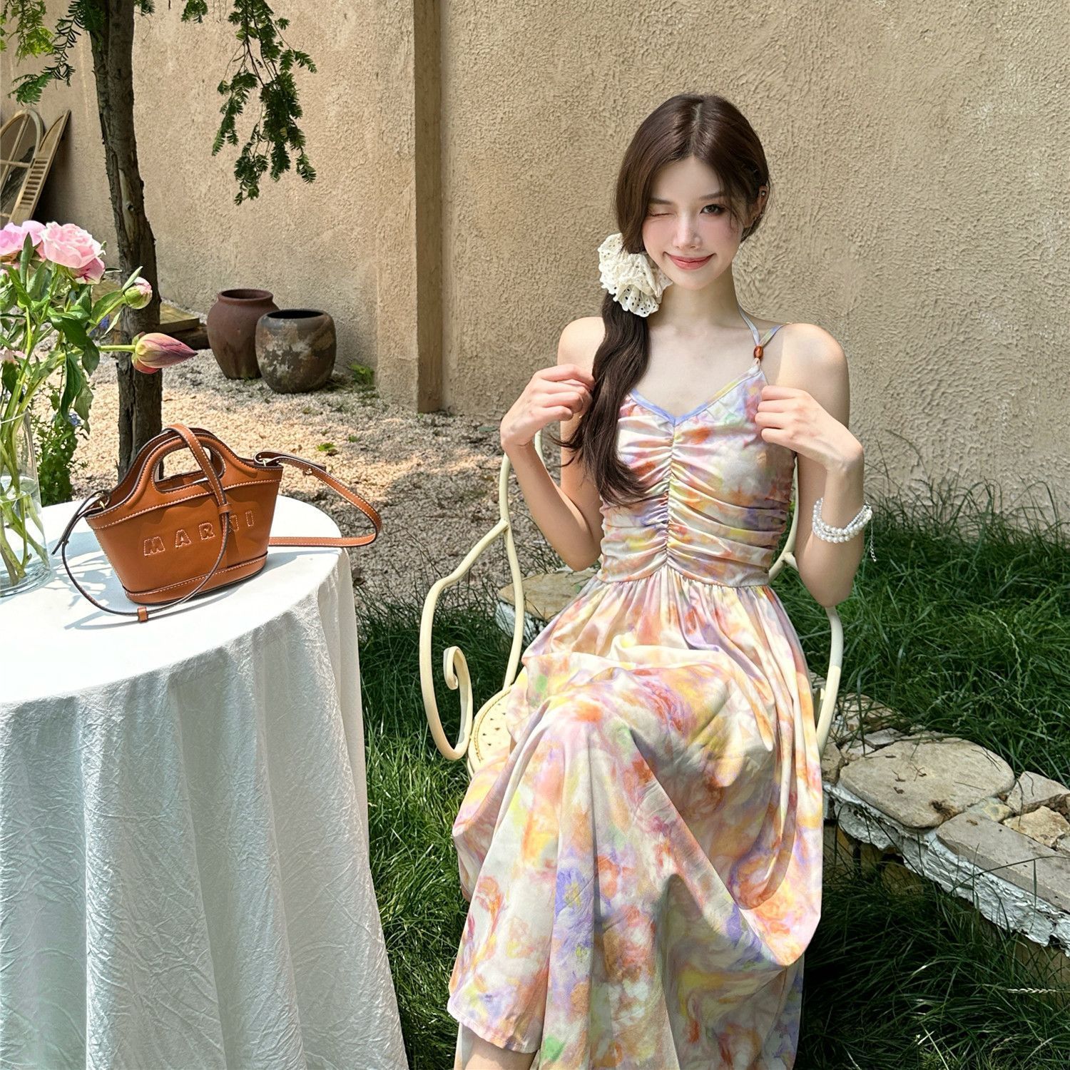 French oil painting neck halter dress for women in summer 2025 new vacation style backless floral midi skirt