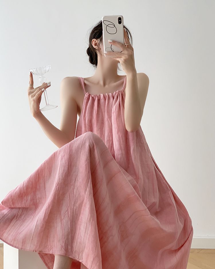 Dopamine pink smudged dress temperament suspender sleeveless long skirt summer loose slim seaside vacation skirt