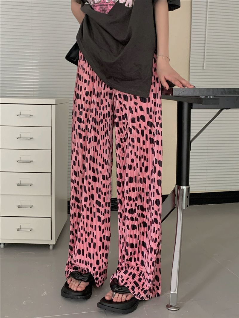 Foreign trade large size women's retro Hong Kong style pink leopard print casual pants for women's autumn new elastic waist pleated wide-leg pants