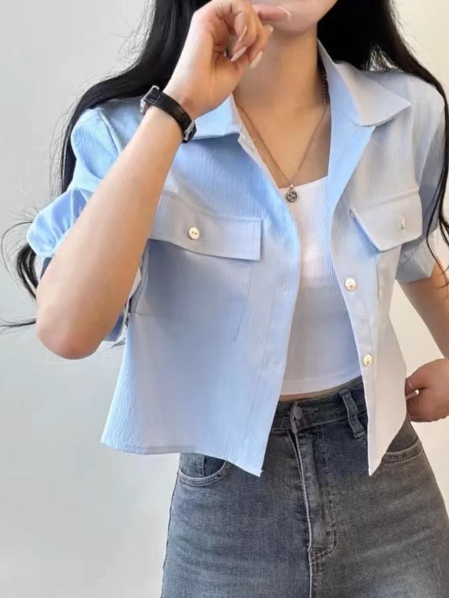 韓國chic夏季減齡短袖襯衣女小個子設計感別致上衣寬鬆短款外套女