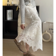 Korean chic spring age-reducing retro lace skirt new women's high-waisted and solid color skirt long skirt
