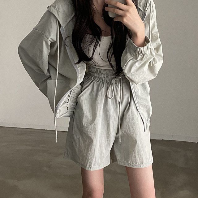 韓國chic夏季簡約氣質抽繩連帽拉鏈防曬外套+系帶高腰運動短褲女
