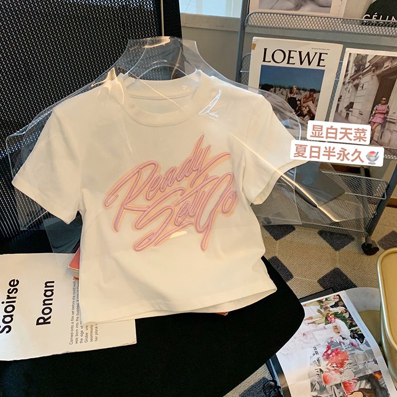 Pure cotton original foreign trade Korean version rear bag collar summer new women's round neck printed slim short T-shirt for women short sleeves